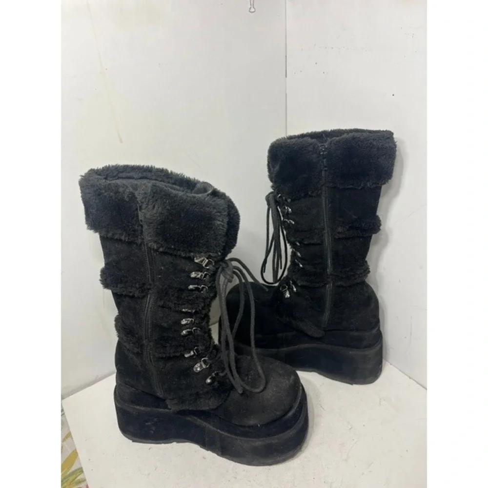 Demonia Bear-202 Black Faux Suede Fur Trim Platform Wedge Boots Womens 10